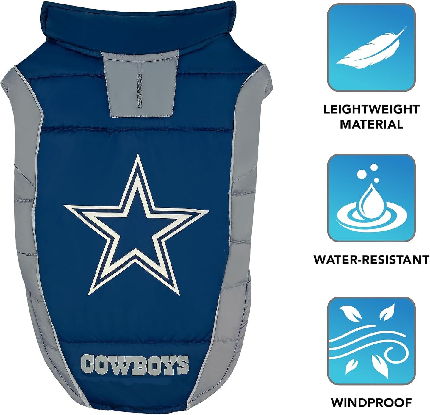 NFL Dallas Cowboys Puffer Vest for Dogs & Cats, Size Large. Warm, Cozy, and Waterproof Dog Coat, for Small and Large Dogs/Cats. Best NFL Licensed PET Warming Sports Jacket