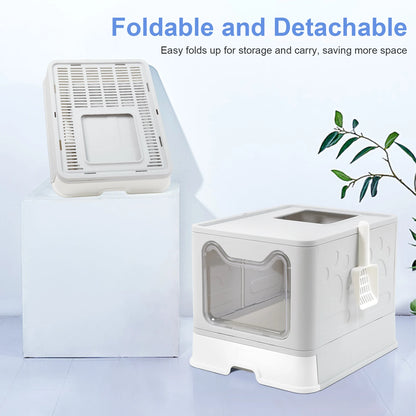 Extra Large Foldable Cat Litter Box with Front Entry and Top Exit Tray