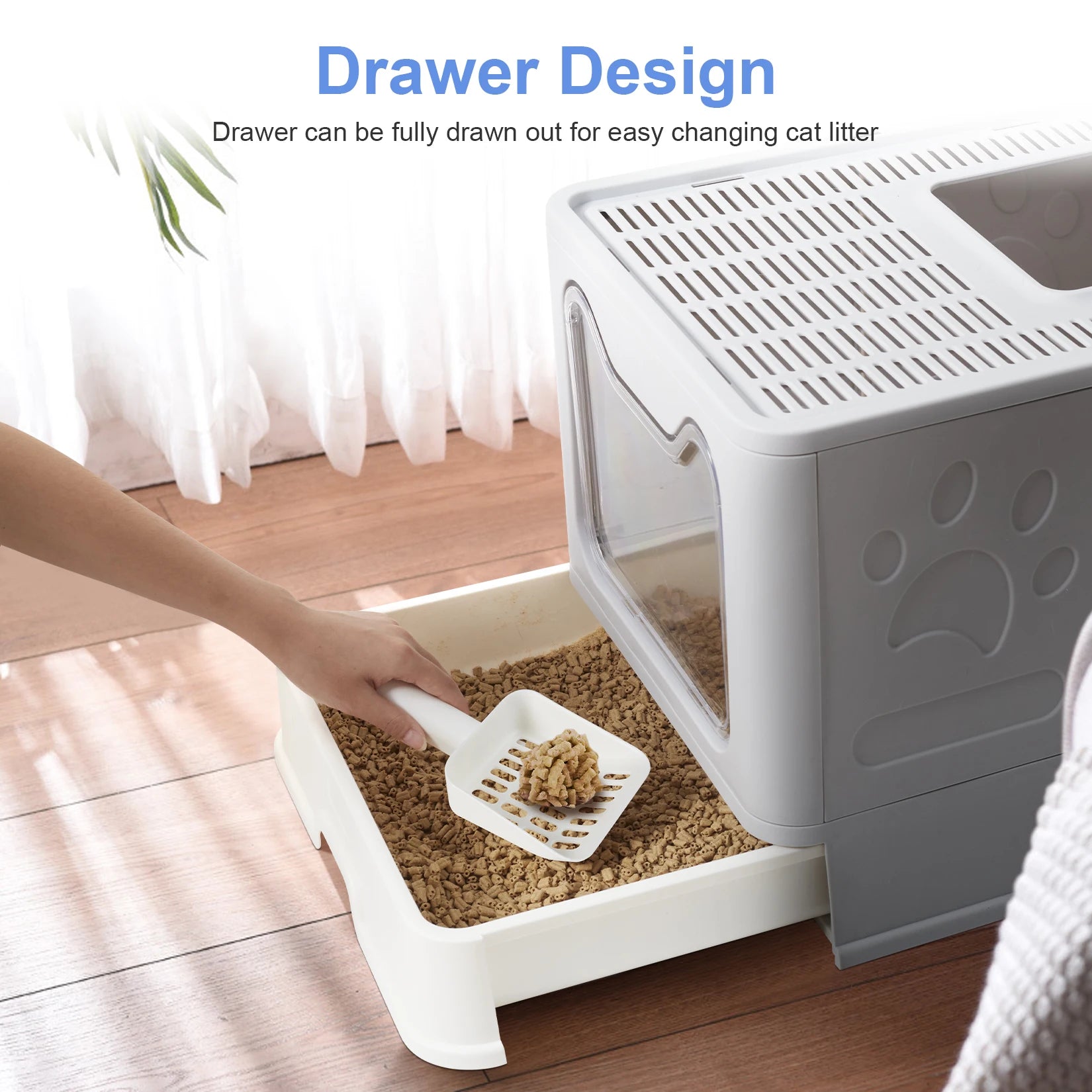 Extra Large Foldable Cat Litter Box with Front Entry and Top Exit Tray