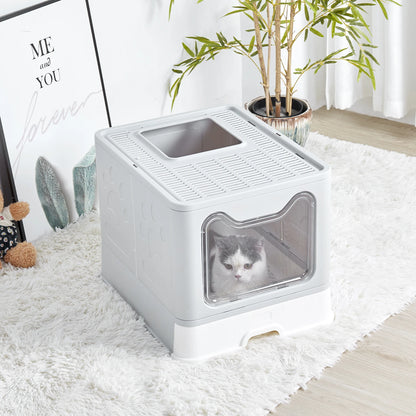 Extra Large Foldable Cat Litter Box with Front Entry and Top Exit Tray