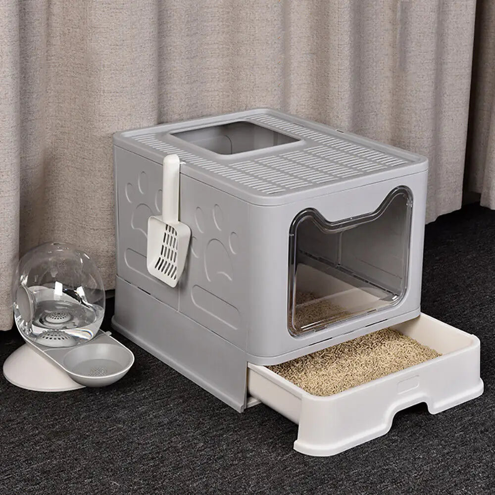 Extra Large Foldable Cat Litter Box with Front Entry and Top Exit Tray