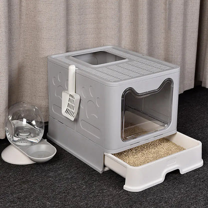 Extra Large Foldable Cat Litter Box with Front Entry and Top Exit Tray