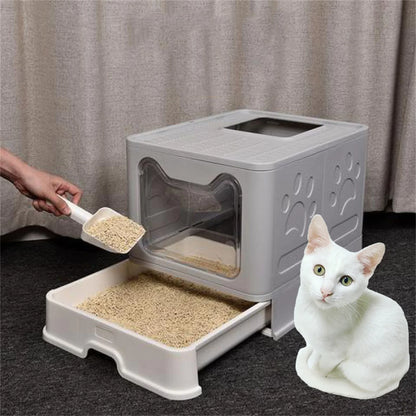 Extra Large Foldable Cat Litter Box with Front Entry and Top Exit Tray