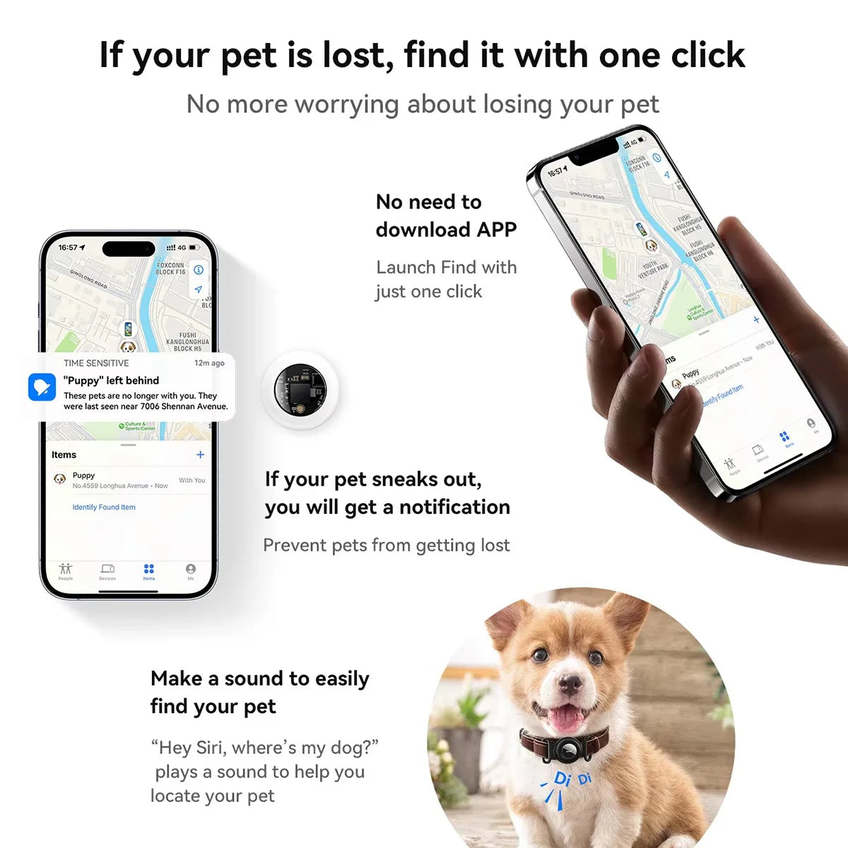 GPS Pet Tracker with No Monthly Fees – Compatible with Apple Find My for Dogs and Cats