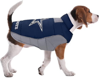NFL Dallas Cowboys Puffer Vest for Dogs & Cats, Size Large. Warm, Cozy, and Waterproof Dog Coat, for Small and Large Dogs/Cats. Best NFL Licensed PET Warming Sports Jacket