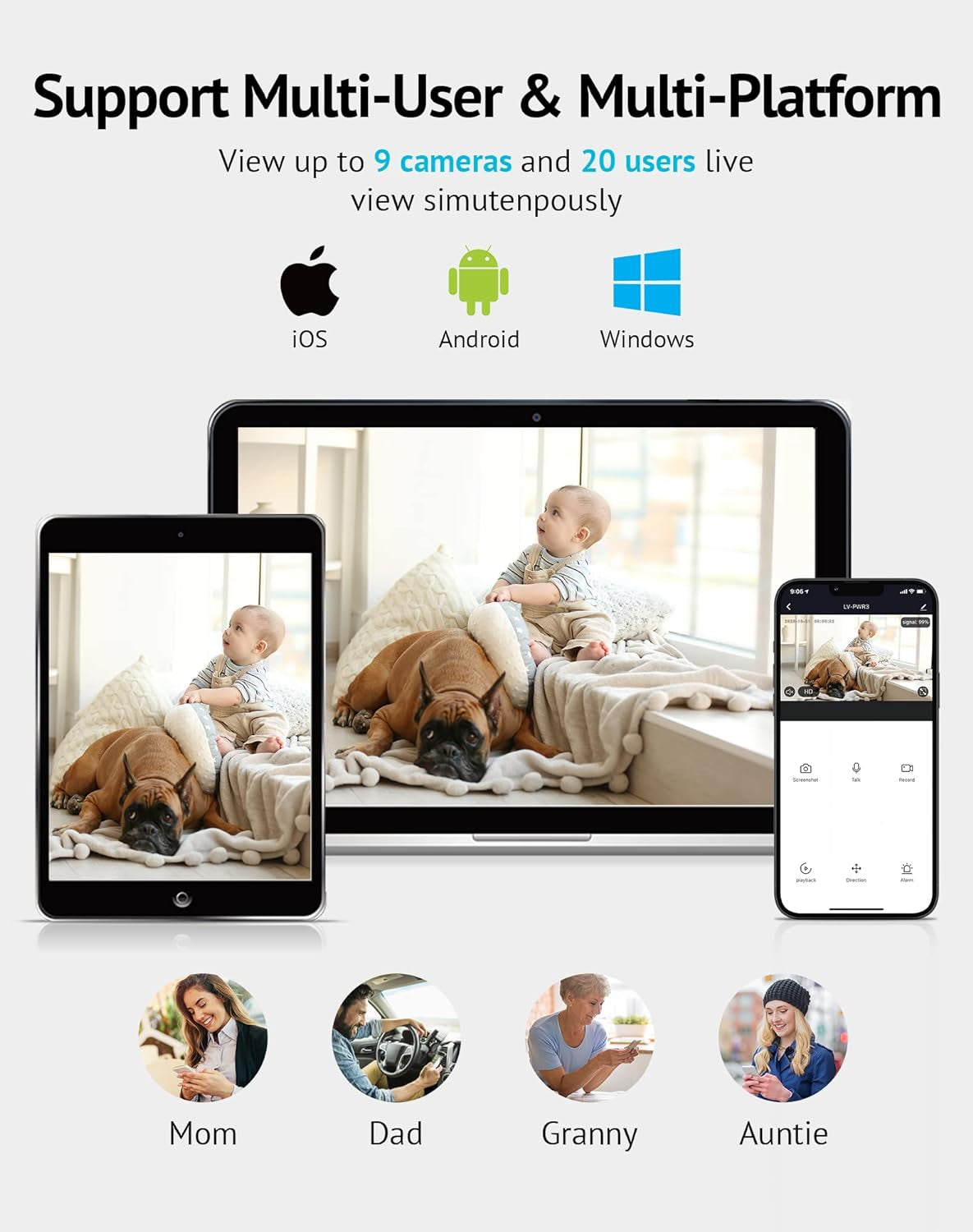 Indoor 1080P Security Camera with Sound and Motion Detection, 360° Baby Monitor, WiFi Pet Camera with Mobile App, Two-Way Audio, Night Vision, SD and Cloud Storage, Compatible with Alexa