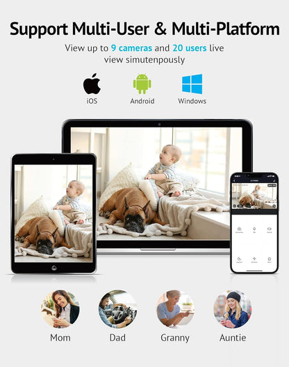 Indoor 1080P Security Camera with Sound and Motion Detection, 360° Baby Monitor, WiFi Pet Camera with Mobile App, Two-Way Audio, Night Vision, SD and Cloud Storage, Compatible with Alexa