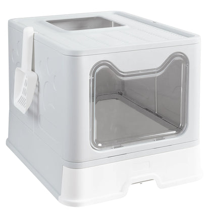 Extra Large Foldable Cat Litter Box with Front Entry and Top Exit Tray