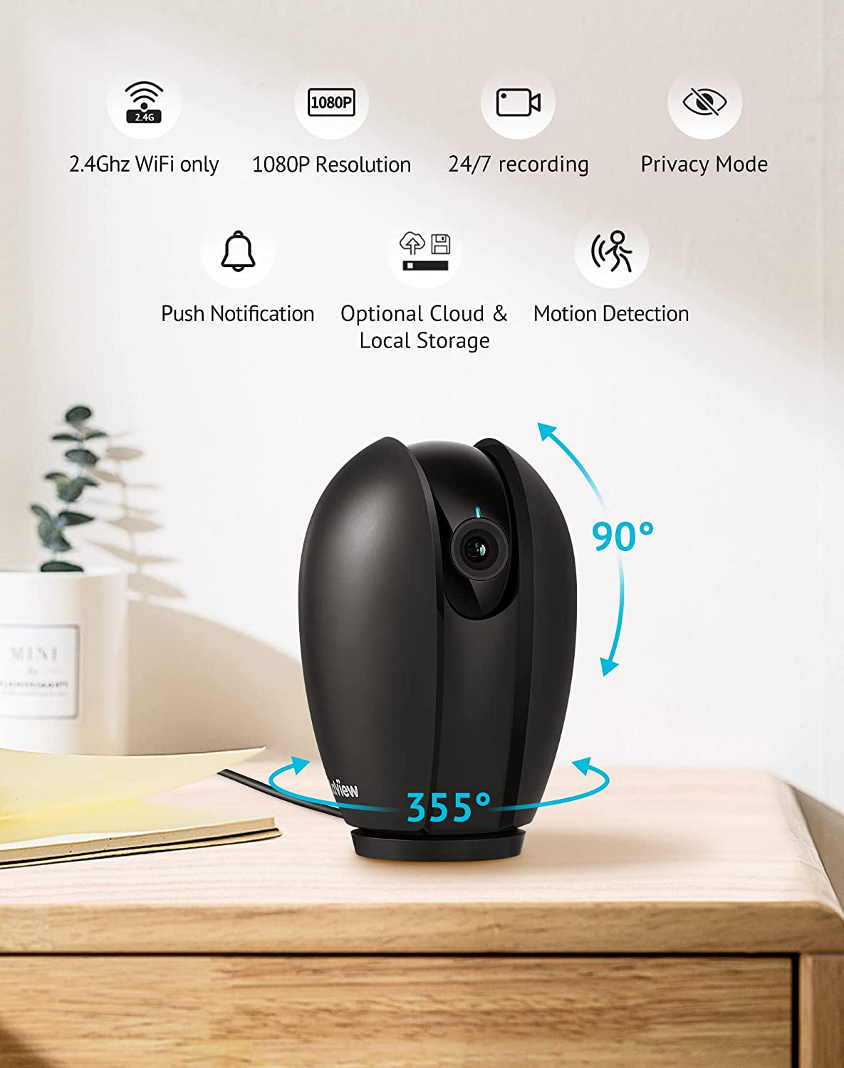 Indoor 1080P Security Camera with Sound and Motion Detection, 360° Baby Monitor, WiFi Pet Camera with Mobile App, Two-Way Audio, Night Vision, SD and Cloud Storage, Compatible with Alexa